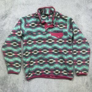 Patagonia Sweater Womens S Teal Pink‎ Synchilla Snap T Geometric Aztec Pullover
